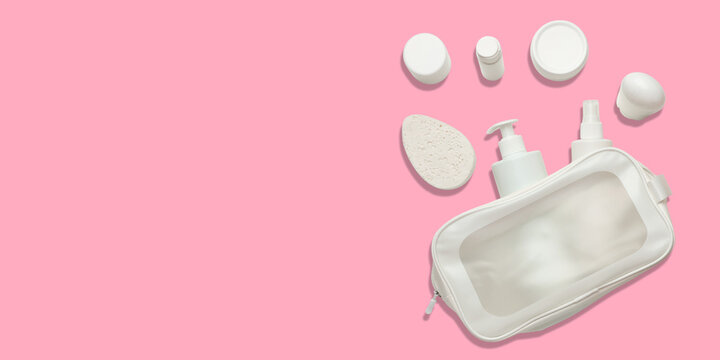 Cosmetics. Toilet bag arranged with various cosmetics and skincare products