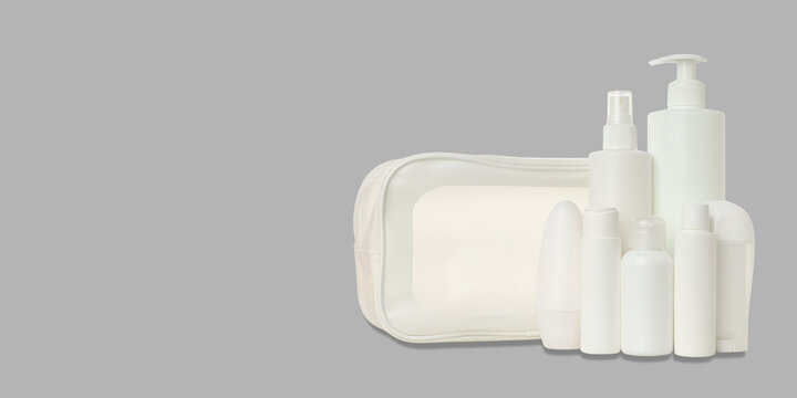 Cosmetics. Cosmetics are organized neatly inside a stylish toilet bag