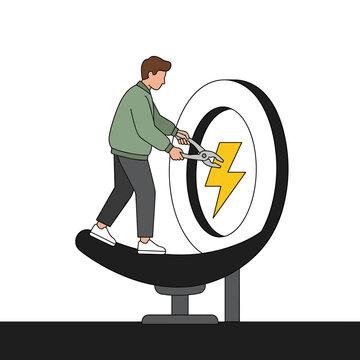 Energy saving concept - Man cutting power with pliers and lightning bolt