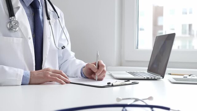 Male doctor writing a prescription and filling out medical records on a clipboard in an office setting, showcasing the essential aspects of healthcare and patient care. Medicine and health care