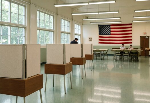 Voters casting ballots in polling booths with American flag during election day in a community hall with natural light