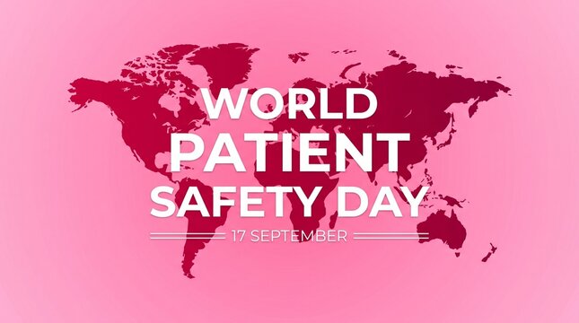 Poster design for World Patient Safety Day on 17 September showcasing a world map silhouette in pink background.