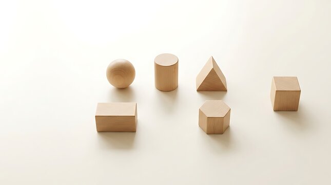 Set of six 3D geometric wooden shapes including sphere, cube, and pyramid on white background, ideal for math, education, and architecture concepts.