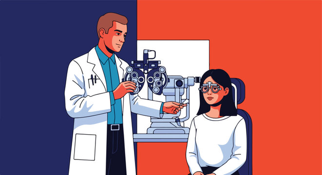 Doctor examines patient's eyes with phoropter in clinic