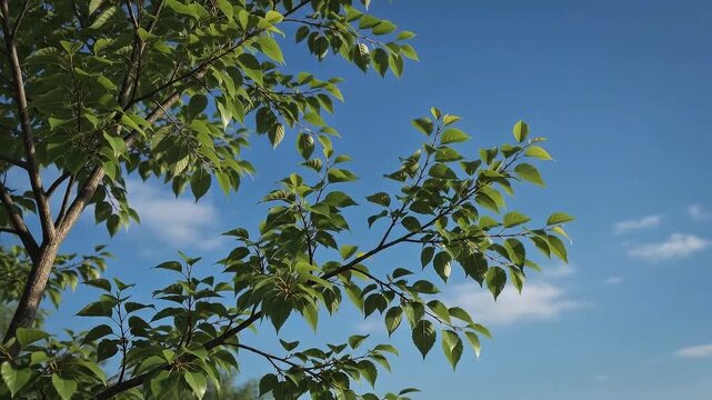 Clear blue sky with green leaves from a tree branch reaching into the frame, nature's beauty