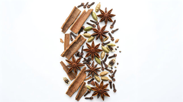 Collection of dried spices including star anise cinnamon cloves and cardamom pods