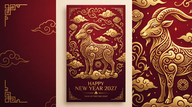 Happy New Year 2027 Year of the Fire Goat Luxury Chinese New Year Gold Red Greeting Card