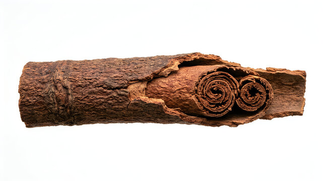 A close up view of a single dried brown cinnamon stick isolated on a clean white background