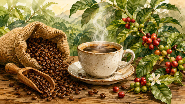 Watercolor painting of a steaming coffee cup with roasted beans spilling from a burlap sack
