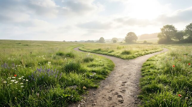 A fork in a dirt path through a lush green meadow under a hazy sky, symbolizing choice, decision-making, and the journey of life in a peaceful rural landscape.