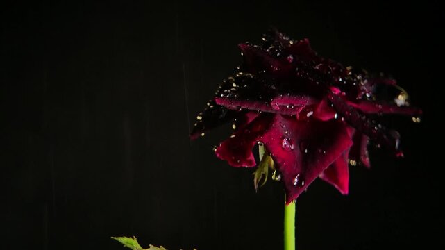 Wet red rose on a green stem under falling rain Horizontal Video 16:9 rasio
