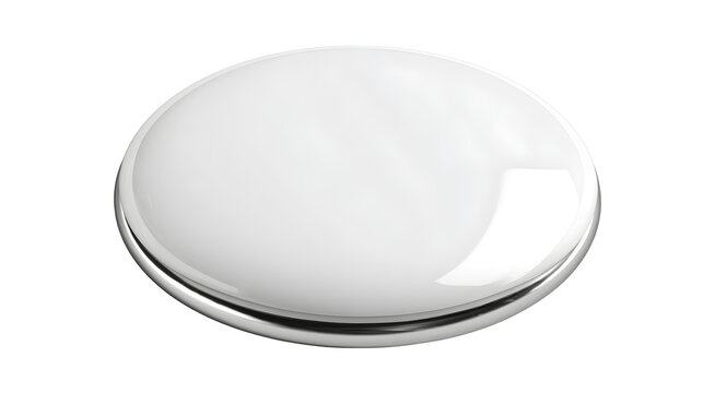 A blank white round button badge slightly angled high