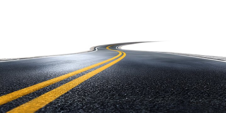 A winding asphalt road curves gently into a stark white background with double yellow lines marking the center.