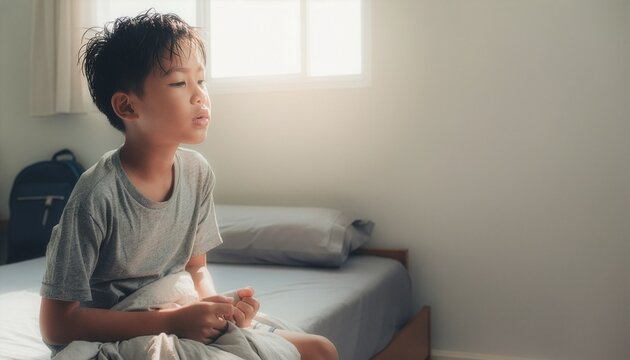 Sleepy child sitting alone on a bed on the first morning after a long vacation, shoulders slightly slouched, holding a blanket, visibly tired and reluctant to wake up.