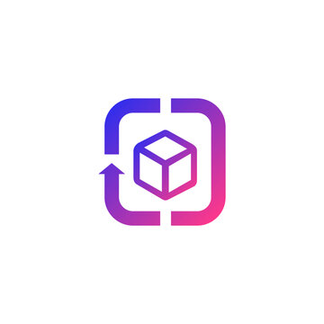 Package sync logo with a cube and circular arrows, ideal for returns, delivery, inventory, supply chain, and e-commerce services.
