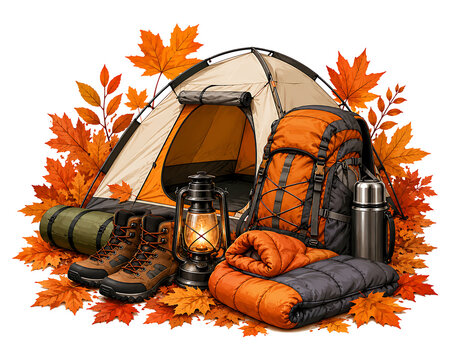 Autumn Camping Gear Still Life, autumn camping, camping gear, outdoor equipment, camping still life, fall adventure, hiking gear, outdoor recreation, camping accessories, autumn adventure, wilderness 