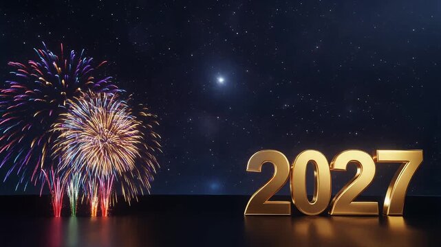 Golden 2027 numbers shining near vibrant exploding fireworks animation footage