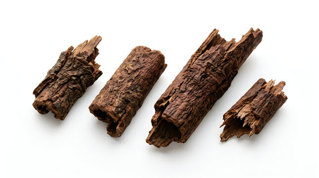 Four pieces of dried rough bark arranged in a row on white surface