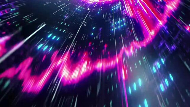 Cyberpunk neon data stream matrix tunnel video background for sci-fi