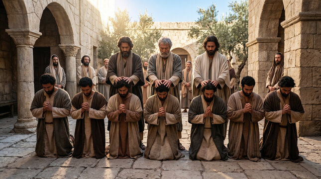 The Apostles laying their hands on Stephen and the six other newly chosen deacons to ordain them for service.