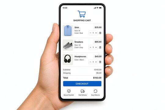 Hand holding a phone showing a shopping cart checkout