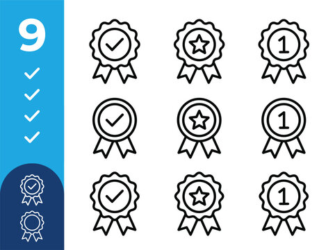 Set of nine badge and award ribbon icons with check mark star and number one symbols in a simple line art style