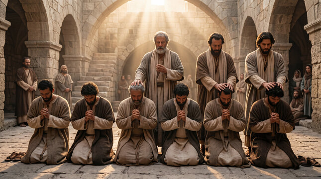 The Apostles laying their hands on Stephen and the six other newly chosen deacons to ordain them for service.