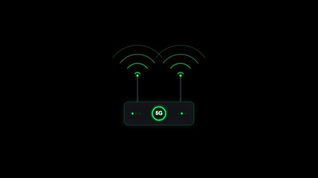 Neon 5G dual antenna wifi router animation, glowing green modem signal waves loop on dark background 4k