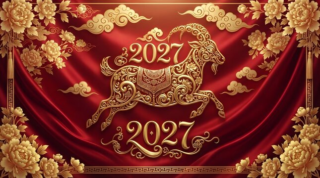 Chinese new year 2027 year of the goat elegant gold zodiac banner on red silk