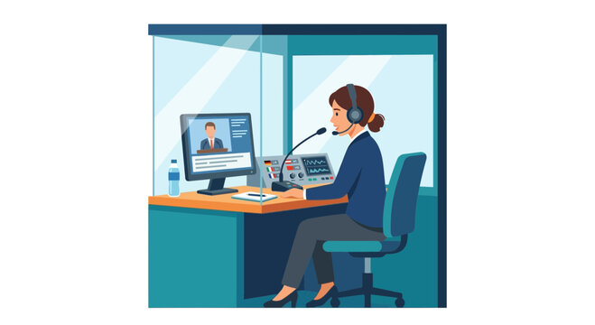Professional Interpreter in Soundproof Booth Translating Speech via Headset and Microphone