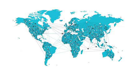 Naklejka premium Global Network Connection World Map Illustration with Interconnected Digital Communication Nodes