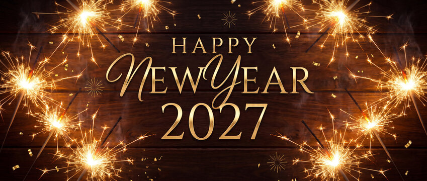 Happy New Year 2027 Golden Text on Rustic Wood Background with Sparklers and Confetti &mdash; Festive Celebration Banner 