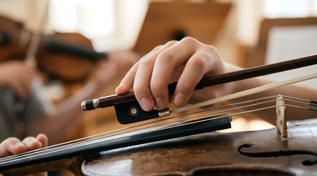 Close up of a musician hand playing a wooden string instrument with bow