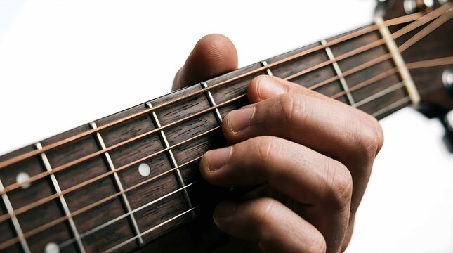 Close up of a person playing chords on an acoustic wooden guitar neck