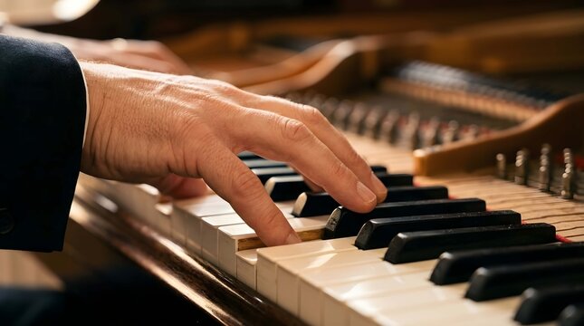 Close up of a pianist hands playing on grand piano keys in dark room