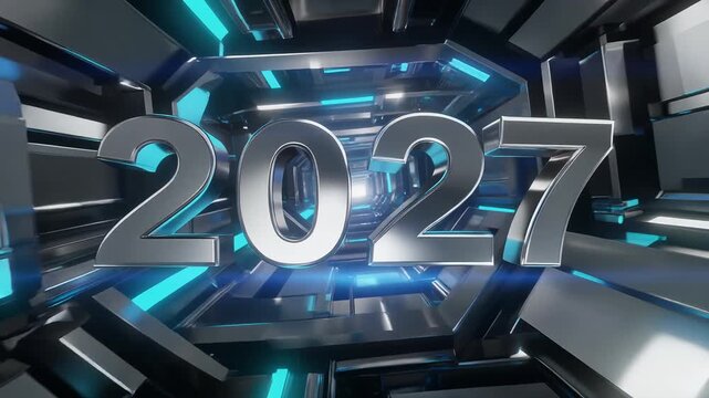 Shiny 2027 numbers floating inside glowing futuristic digital motion video