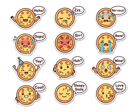 Cute cartoon pizza characters expressing various emotions and moods with speech bubbles, presented as a set of fun stickers or emojis.