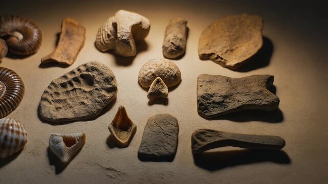Ancient fossilized ammonite collection displayed in slow motion video clip