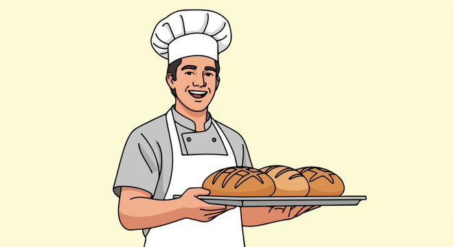 Smiling baker presents tray of fresh bread