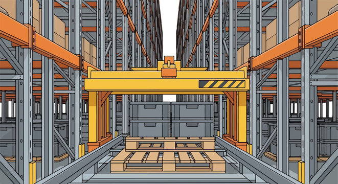 Automated warehouse with robotic arm, crates, and pallets