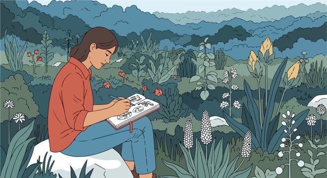 Woman drawing plants in a lush, green landscape with hills in the background