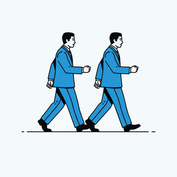 Two businessmen in blue suits walking forward on a blank background