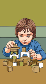 Child builds with wooden blocks on table, indoor background
