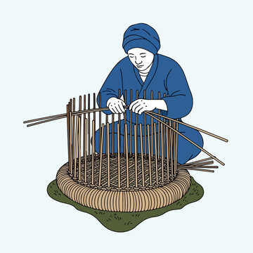 Person weaving basket on grassy ground with pale background