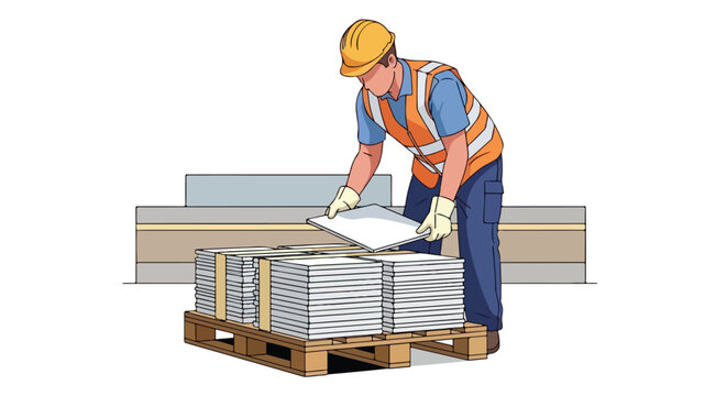 Construction worker handling stacked material on a pallet