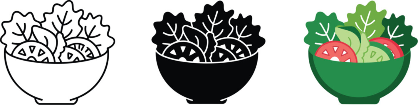Fresh salad bowl icons in linear, solid, and color styles featuring vegetables and cucumber for healthy food, nutrition, and menu design.