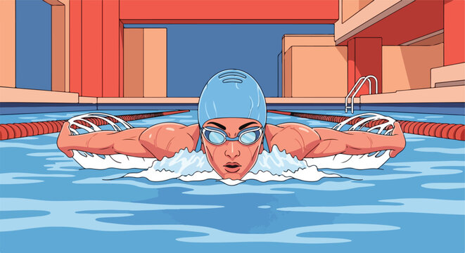 Swimmer racing in an indoor pool with stadium background