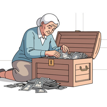 Elderly woman reminiscing through old photos in a wooden chest