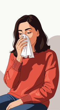Woman blowing nose with tissue, simple background