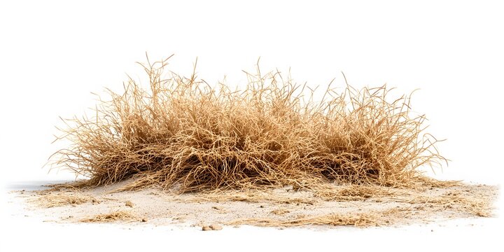 Dry withered grass clump growing from sandy soil isolated on white background